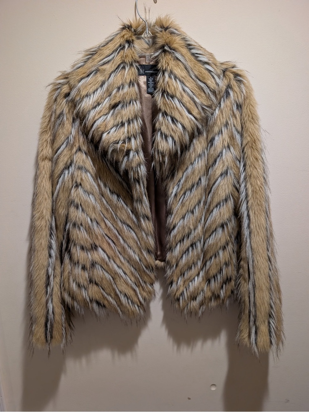 INC International Concepts Faux Fur Striped Teddy Jacket in Tan and Black